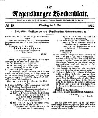 Regensburger Wochenblatt Dienstag 5. Mai 1857