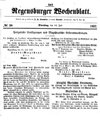 Regensburger Wochenblatt Dienstag 14. Juli 1857