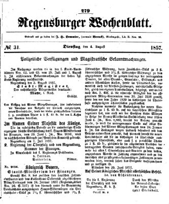 Regensburger Wochenblatt Dienstag 4. August 1857