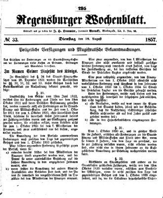 Regensburger Wochenblatt Dienstag 18. August 1857