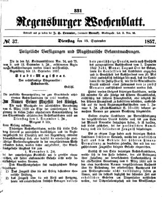 Regensburger Wochenblatt Dienstag 15. September 1857