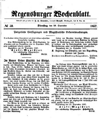 Regensburger Wochenblatt Dienstag 29. September 1857