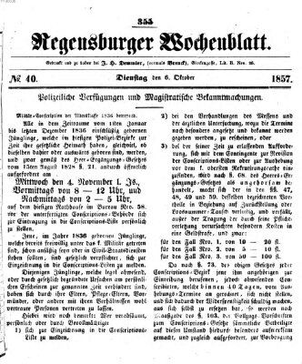 Regensburger Wochenblatt Dienstag 6. Oktober 1857