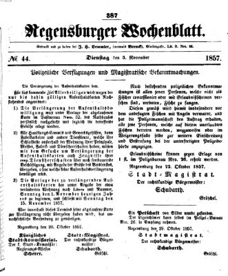 Regensburger Wochenblatt Dienstag 3. November 1857