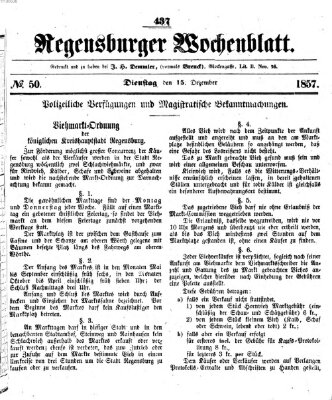 Regensburger Wochenblatt Dienstag 15. Dezember 1857