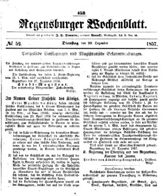 Regensburger Wochenblatt Dienstag 29. Dezember 1857