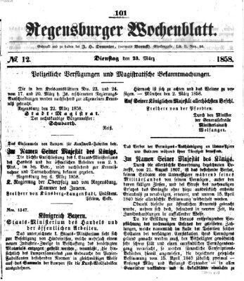 Regensburger Wochenblatt Dienstag 23. März 1858