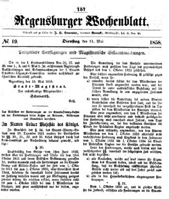 Regensburger Wochenblatt Dienstag 11. Mai 1858