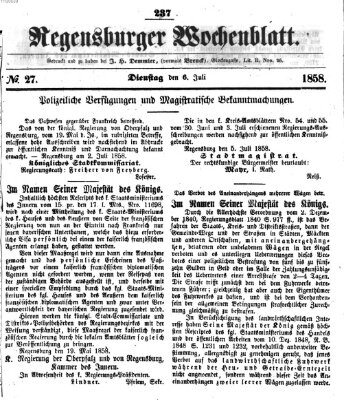 Regensburger Wochenblatt Dienstag 6. Juli 1858