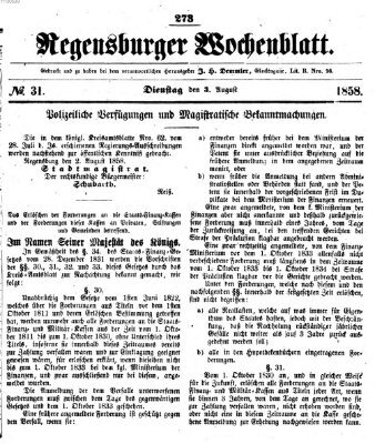 Regensburger Wochenblatt Dienstag 3. August 1858