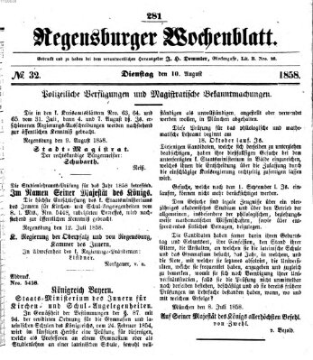 Regensburger Wochenblatt Dienstag 10. August 1858