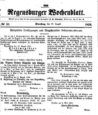 Regensburger Wochenblatt Dienstag 17. August 1858