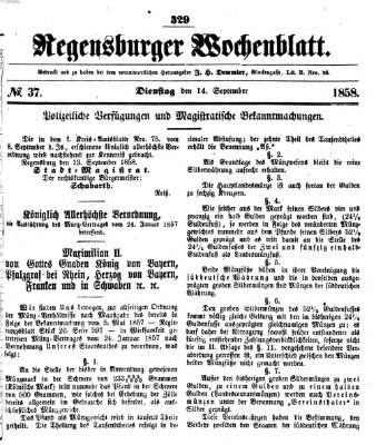 Regensburger Wochenblatt Dienstag 14. September 1858