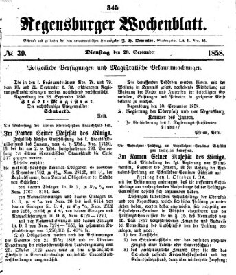 Regensburger Wochenblatt Dienstag 28. September 1858