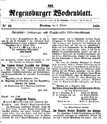 Regensburger Wochenblatt Dienstag 5. Oktober 1858