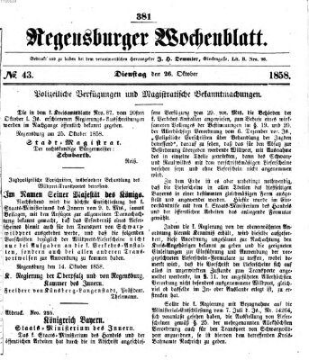 Regensburger Wochenblatt Dienstag 26. Oktober 1858