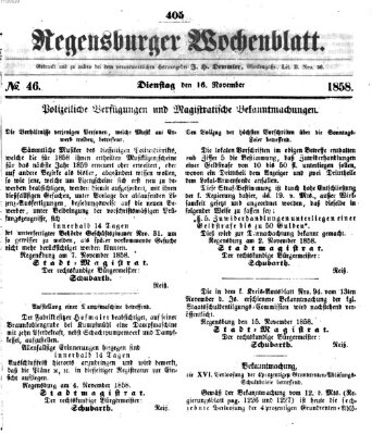 Regensburger Wochenblatt Dienstag 16. November 1858