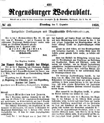 Regensburger Wochenblatt Dienstag 7. Dezember 1858