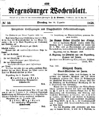 Regensburger Wochenblatt Dienstag 14. Dezember 1858