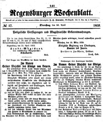 Regensburger Wochenblatt Dienstag 26. April 1859