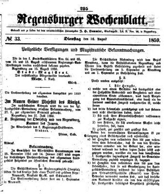 Regensburger Wochenblatt Dienstag 16. August 1859