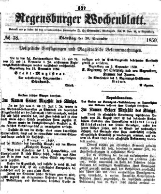 Regensburger Wochenblatt Dienstag 20. September 1859