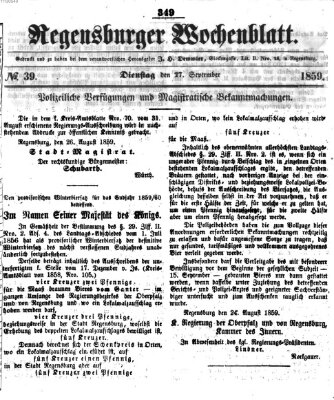 Regensburger Wochenblatt Dienstag 27. September 1859