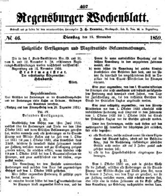 Regensburger Wochenblatt Dienstag 15. November 1859