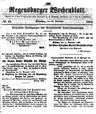 Regensburger Wochenblatt Dienstag 29. November 1859