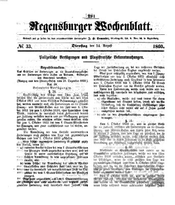 Regensburger Wochenblatt Dienstag 14. August 1860