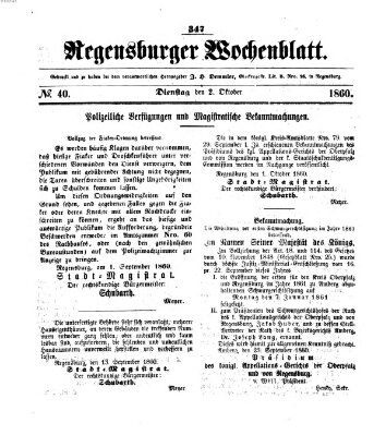 Regensburger Wochenblatt Dienstag 2. Oktober 1860