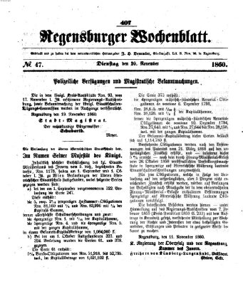 Regensburger Wochenblatt Dienstag 20. November 1860