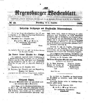 Regensburger Wochenblatt Dienstag 4. Dezember 1860