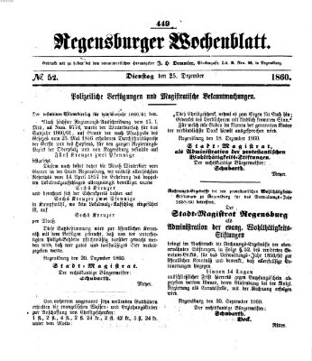 Regensburger Wochenblatt Dienstag 25. Dezember 1860