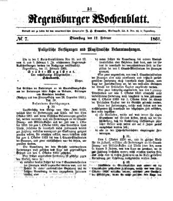 Regensburger Wochenblatt Dienstag 12. Februar 1861