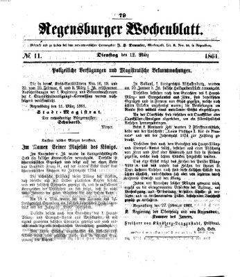 Regensburger Wochenblatt Dienstag 12. März 1861