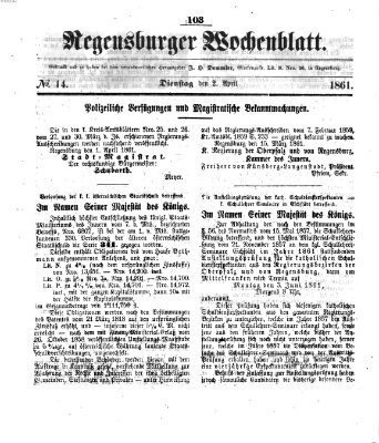 Regensburger Wochenblatt Dienstag 2. April 1861