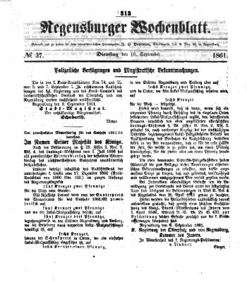 Regensburger Wochenblatt Dienstag 10. September 1861