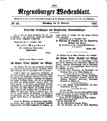 Regensburger Wochenblatt Dienstag 12. November 1861