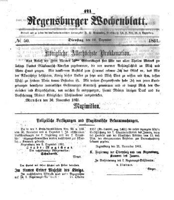 Regensburger Wochenblatt Dienstag 10. Dezember 1861