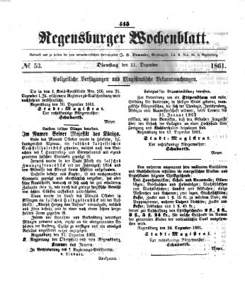 Regensburger Wochenblatt Dienstag 31. Dezember 1861