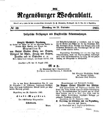 Regensburger Wochenblatt Dienstag 29. September 1863