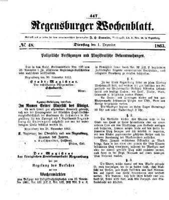 Regensburger Wochenblatt Dienstag 1. Dezember 1863