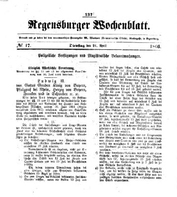 Regensburger Wochenblatt Dienstag 24. April 1866