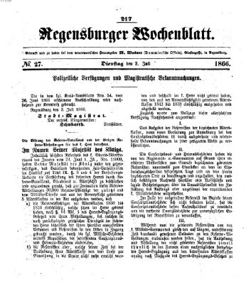 Regensburger Wochenblatt Dienstag 3. Juli 1866