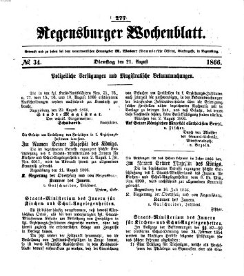 Regensburger Wochenblatt Dienstag 21. August 1866