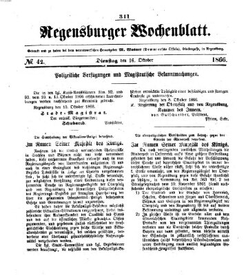 Regensburger Wochenblatt Dienstag 16. Oktober 1866