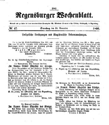 Regensburger Wochenblatt Dienstag 20. November 1866