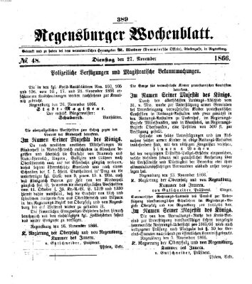 Regensburger Wochenblatt Dienstag 27. November 1866