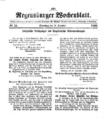 Regensburger Wochenblatt Dienstag 18. Dezember 1866